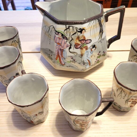 Vintage Antique Japanese Pitcher and Cup Set Geisha Asian Pattern Hand Painted - Picture 2 of 16